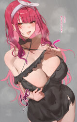  absurdres bare_shoulders black_nightgown black_panties blush breasts cleavage collarbone commentary_request covered_navel female fuji_(rua-258) grey_background hair_scarf heterochromia highres hololive houshou_marine houshou_marine_(8th_costume) huge_breasts lifting_own_clothes long_hair looking_at_viewer narrowed_eyes nightgown nightgown_lift oerba_yun_fang open_mouth panties red_eyes red_hair scarf simple_background skin_fang smile solo steaming_body teeth thighs tongue translation_request underwear virtual_youtuber white_scarf 