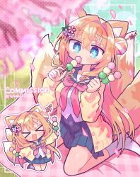  &gt;_&lt; animal_ears black_sailor_collar blue_eyes cardigan cherry_blossoms chibi commission dango eating female flower food fox_ears fox_girl fox_tail hair_bun hair_flower hair_intakes hair_ornament highres holding holding_food indie_virtual_youtuber kitsune koromo_naruru multicolored_hair multiple_tails open_cardigan open_clothes open_mouth orange_hair pleated_skirt richard_(richaball) sailor_collar sanshoku_dango school_uniform serafuku shadow shirt skeb_commission skirt socks solo streaked_hair tail twitter_username virtual_youtuber wagashi white_hair white_shirt white_socks yellow_cardigan 