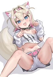  animal_ear_fluff animal_ears bandaid bandaid_hair_ornament belt blonde_hair blue_hair blush commentary_request cropped_shirt dog_ears dog_girl dog_tail female hair_between_eyes hair_intakes hair_ornament hairband hololive hololive_english horn_hairband kanzarin looking_at_viewer lying m_legs midriff mococo_abyssgard mococo_abyssgard_(1st_costume) multicolored_hair navel on_back open_mouth paw_pose pink_belt pink_hair pink_hairband shirt short_hair short_shorts shorts simple_background solo spread_legs stomach streaked_hair tail two_side_up virtual_youtuber white_arm_warmers white_background white_shirt white_shorts x_hair_ornament 