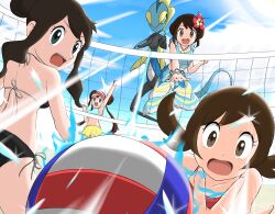  4girls ball bikini black_bikini blue_bikini blue_sarong brown_hair double_bun dress excited flower from_behind gloria_(pokemon) gloria_(summer_2021)_(pokemon) hair_bun hair_flower hair_ornament highres hilda_(pokemon) inteleon lyra_(pokemon) miniskirt multiple_girls outdoors pokemon pokemon_bw pokemon_bw2 pokemon_hgss pokemon_swsh red_bikini rosa_(pokemon) sarong school_uniform skirt st._gloriana&#039;s_school_uniform string_bikini sundress surprised swimsuit visor_cap volleyball volleyball_(object) volleyball_net ya_mari_mo_3 yellow_skirt 