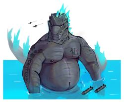  2024 alkaide anthro biped black_body black_eyes black_scales blue_body blue_scales godzilla godzilla_(series) kaiju looking_at_viewer macro macro_focus male micro nude_anthro nude_male scales slightly_chubby slightly_chubby_anthro slightly_chubby_male solo toho yellow_sclera 