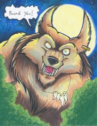  ambiguous_gender anthro black_nose brown_body brown_fur canid canine dialogue english_text fangs fur genesisw male_(lore) mammal moon mythological_canine mythological_creature mythology night open_mouth outside piercing plant shrub solo teeth text tongue were werecanid werecanine werewolf 