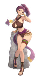  abs absurdres bikini bracelet breasts brown_bikini cleavage criss-cross_halter earrings female fire_emblem fire_emblem:_three_houses fire_emblem_heroes full_body gladiator_sandals gonzarez halterneck highres jewelry large_breasts long_hair looking_at_viewer navel official_alternate_costume petra_macneary petra_macneary_(summer) purple_hair sandals skindentation solo swimsuit thighs 