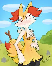  4:5 animal_humanoid anthro blush blush_lines braixen breasts canid canine chest_tuft female fluffy fluffy_tail fox fur generation_6_pokemon glacefrostbite hair hi_res humanoid inner_ear_fluff mammal markings nintendo outside paws pokemon pokemon_(species) pseudo_clothing red_eyes solo stick stick_in_tail tail tail_markings tuft yellow_body yellow_fur 