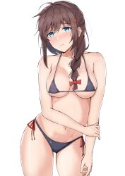  ahoge bikini black_bikini blue_eyes braid breasts brown_hair cleavage closed_mouth cowboy_shot female hand_on_own_arm highres kantai_collection looking_at_another medium_breasts navel off_shoulder shigure_(kancolle) simple_background solo swimsuit underboob vankin white_background 