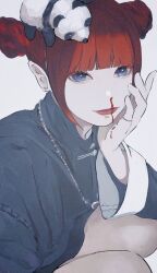  22enose22 blood blue_eyes blunt_bangs closed_mouth double_bun earrings eyebrows_hidden_by_hair eyelashes female hair_bun jewelry lips long_sleeves medium_bangs necklace nosebleed original panda pinky_ring red_hair red_lips ring short_hair simple_background white_background 