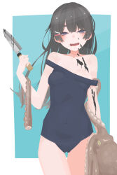  absurdres black_hair black_one-piece_swimsuit blue_background blue_eyes blunt_bangs blush breasts commentary_request covered_navel cowboy_shot double_strap_slip female hair_ornament hairclip half-closed_eyes hara_id_21 highres ink kitchen_knife long_hair looking_at_viewer medium_bangs medium_breasts nijisanji no_lineart octopus one-piece_swimsuit open_mouth school_swimsuit smile solo swimsuit tsukino_mito virtual_youtuber white_background 