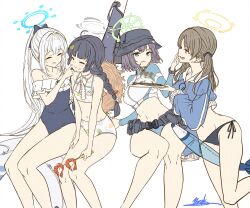  4girls absurdres adversarial_noise ahoge bikini black_hair black_hat blue_archive blue_one-piece_swimsuit braid brown_hair cropped_jacket drooling flat_color food food_on_face frilled_one-piece_swimsuit frills halo hat highres holding holding_skewer invisible_chair looking_at_another miyako_(blue_archive) miyako_(swimsuit)_(blue_archive) miyu_(blue_archive) miyu_(swimsuit)_(blue_archive) moe_(blue_archive) mouth_drool multiple_girls navel official_alternate_costume one-piece_swimsuit ponytail print_bikini purple_hair rabbit_platoon_(blue_archive) saki_(blue_archive) saki_(swimsuit)_(blue_archive) shrimp side-tie_bikini_bottom simple_background sitting skewer straw_hat swimsuit twin_braids twintails unworn_hat unworn_headwear white_background white_hair yatsuka_(846) 