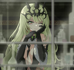  black_dress black_gloves black_tiara breasts center_opening closed_mouth dress earrings elbow_gloves female gloves green_hair honkai_(series) honkai_impact_3rd indoors jewelry large_breasts long_hair looking_outside mobius_(honkai_impact) one_eye_closed ouroboros slit_pupils smile solo spikes tiara upper_body very_long_hair vvna9 window 