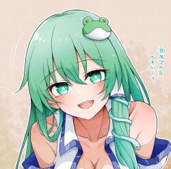  :d bare_shoulders blush breasts bright_pupils brown_background cleavage collarbone come_hither commentary_request detached_sleeves eyes_visible_through_hair female frog_hair_ornament green_eyes green_hair hair_between_eyes hair_ornament highres kochiya_sanae long_hair looking_at_viewer motion_lines open_clothes open_mouth open_shirt outline scavia10 shirt single_hair_tube sleeveless sleeveless_shirt smile snake_hair_ornament solo split_mouth touhou translation_request upper_body white_outline white_pupils white_shirt white_sleeves 