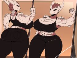  2024 4_horns abs abstract_background absurd_res anthro artist_name ass big_breasts big_butt big_muscles black_bottomwear black_bra black_clothing black_pants black_sclera black_underwear bottomwear bra breasts cel_shading cleavage closed_smile clothed clothing curvy_figure digital_media_(artwork) dragon eyelashes female fingers fist flexing flexing_bicep hi_res horn hourglass_figure huge_breasts justbirb krita_(artwork) markings mirror mouth_closed multi_horn multicolored_body multicolored_scales muscular muscular_anthro muscular_female mythological_creature mythological_scalie mythology navel outline pants pockets portrait pupils red_body red_eyes red_scales scales scalie shaded slit_pupils smile snout solo spots spotted_body spotted_scales standing tan_outline thick_thighs three-quarter_portrait underwear unknown_character white_body white_scales wide_hips 