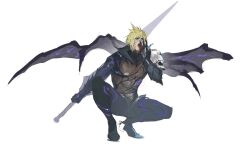  1boy abs armor clawed_gauntlets cloud_strife cloud_strife_(bahamut_garb) demon_wings facial_mark fangs final_fantasy final_fantasy_vii final_fantasy_vii_ever_crisis gloves glowing glowing_eyes highres looking_at_viewer male_focus official_alternate_costume shoulder_armor spiked_hair squatting sword toned toned_male tongue weapon wings yawning yunnnnny 