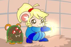  alternate_species blonde_hair blue_clothing blue_skinsuit clothing costume cricetid duo female feral fur hair hamster hamtaro_(series) hamus laser_cannon mammal metroid nintendo p5ych pashmina_(hamtaro) penelope_(hamtaro) ponytail rodent samus_aran skinsuit tight_clothing whiskers white_body white_fur 