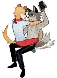  2024 anthro biped black_eyes blep blush canid canine canis countershade_fur countershading domestic_dog duo electronics eye_contact fox fur grey_body grey_fur holding_object holding_phone looking_at_another looking_at_partner male mammal papyuuno phone platinum_fox red_fox slim_anthro slim_male tail tail_motion tailwag tongue tongue_out true_fox white_body white_countershading yellow_body yellow_fur 