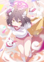  animal_ear_fluff animal_ears biting bloomers blue_archive blush breasts brown_hair double_fox_shadow_puppet eyeshadow fox_ears fox_girl fox_hair_ornament fox_shadow_puppet fox_tail hair_ornament halo highres izuna_(blue_archive) looking_at_viewer makeup multicolored_hair multiple_girls ninjutsu_research_club_(blue_archive) pink_eyeshadow pink_halo pom_pom_(clothes) pom_pom_hair_ornament running socks solo_focus sportswear sweat tail thighs white_socks white_tail wind yellow_eyes yellow_tail youguo_naberu 