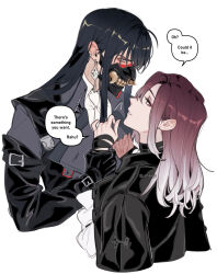  2girls black_hair black_jacket commentary cropped_torso ear_piercing earrings gradient_hair highres holding_another&#039;s_wrist jacket jacket_on_shoulders jewelry long_hair long_sleeves maiqo mask multicolored_hair multiple_girls necktie oni_mask path_to_nowhere piercing rahu_(path_to_nowhere) red_hair shalom_(path_to_nowhere) sidelocks simple_background symbol-only_commentary twitter_username upper_body white_background yuri 