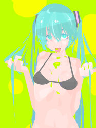  absurdres black_bra blue_eyes blue_hair bra breasts commentary_request female green_background hair_between_eyes hair_ornament hara_id_21 hatsune_miku highres holding holding_own_hair long_bangs long_hair looking_at_viewer no_lineart open_mouth slime_(substance) small_breasts solo tongue tongue_out twintails underwear upper_body very_long_hair vocaloid 