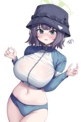  bikini bikini_bottom_only blue_archive blue_bikini blue_hair blue_jacket blush breasts bucket_hat cowboy_shot dated_commentary female green_eyes green_halo halo hands_up hat highres jacket large_breasts long_sleeves looking_at_viewer metaljelly multicolored_clothes multicolored_jacket navel official_alternate_costume open_mouth raglan_sleeves saki_(blue_archive) saki_(swimsuit)_(blue_archive) short_hair simple_background solo squiggle stomach swimsuit tearing_up two-tone_jacket white_background white_jacket 