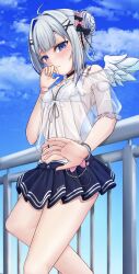  absurdres against_railing amane_kanata amane_kanata_(summer) angel_wings bikini bikini_skirt black_choker blue_hair blue_sky blush bracelet choker colored_inner_hair commentary_request covering_face embarrassed feathered_wings feet_out_of_frame female frilled_bikini frilled_straps frills front-tie_bikini_top front-tie_top gradient_wings grey_hair highres hololive jewelry mini_wings miniskirt multicolored_hair multicolored_wings off-shoulder_shirt off_shoulder official_alternate_costume outdoors pink_hair puffy_short_sleeves puffy_sleeves purple_eyes pushing_away railing rike_111 see-through see-through_shirt shirt short_hair short_sleeves single_hair_intake skirt sky solo streaked_hair swimsuit virtual_youtuber white_bikini white_wings wings 