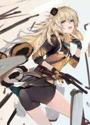  ass bike_shorts blonde_hair blush female from_behind girls&#039;_frontline gloves green_eyes gun gun_sling hairband holding holding_weapon irikawa italian_flag_print long_hair messy_hair miniskirt open_mouth orange_gloves orange_shirt print_ribbon ribbon s.a.t.8_(girls&#039;_frontline) shield_module shirt shotgun skirt smile solo uniform very_long_hair weapon 