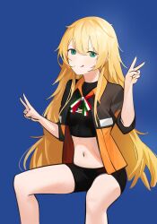  absurdres bad_id bad_pixiv_id bike_shorts blonde_hair blue_background bra breasts double_v female girls&#039;_frontline green_eyes highres italian_flag_print kim992566 licking_lips long_hair looking_at_viewer medium_breasts messy_hair midriff navel open_clothes print_ribbon ribbon s.a.t.8_(girls&#039;_frontline) simple_background sitting smile solo sports_bra sweatdrop tongue tongue_out torn_bra torn_clothes underwear uniform v very_long_hair 