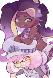  2girls aqua_eyes cephalopod_eyes commentary dark-skinned_female dark_skin ear_piercing english_commentary eyelashes fafameow furrowed_brow hat highres inkling marina_(splatoon) mole mole_under_mouth multiple_girls navel octoling official_alternate_costume pearl_(splatoon) piercing pink_hair red_pupils smile splatoon_(series) splatoon_3 star-shaped_pupils star_(symbol) symbol-shaped_pupils teeth thick_eyebrows white_hat 