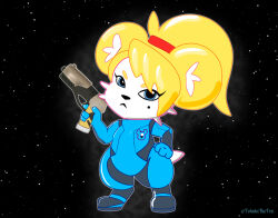  alternate_species black_nose blonde_hair blue_clothing blue_skinsuit clothing cricetid female feral fur gun hair hamster hamus hand_on_hip hi_res mammal markings metroid mole_(marking) nintendo ponytail ranged_weapon rodent samus_aran skinsuit solo tail tight_clothing tokalathefox weapon white_body white_fur 