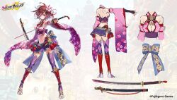  architecture breasts brown_hair cherry_blossoms cleavage cleavage_cutout clothing_cutout company_name da-kuro detached_sleeves east_asian_architecture female floral_print from_behind full_body hair_between_eyes hair_ornament japanese_clothes katana looking_at_viewer medium_breasts midriff navel official_art red_eyes reference_sheet ribbon sakura_(shinobi_nightmare) second-party_source sheath shinobi_nightmare short_hair shoulder_blades skirt sword tabi thighhighs weapon wide_sleeves zettai_ryouiki 