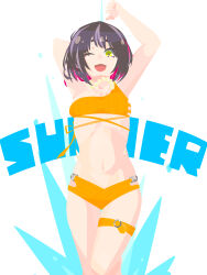  absurdres arms_up bikini breasts colored_inner_hair commentary_request cowboy_shot female grey_hair hara_id_21 highres looking_at_viewer medium_bangs multicolored_hair navel no_lineart o-ring o-ring_thigh_strap one_eye_closed open_mouth orange_bikini pink_hair rita_madrid short_hair single_strap small_breasts smile solo station_memories swimsuit thigh_strap white_background yellow_eyes 