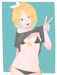  absurdres bikini bikini_under_clothes black_bikini black_shirt blonde_hair blue_eyes bow breasts chest_tattoo clothes_lift commentary_request contrapposto cowboy_shot crop_top eyes_visible_through_hair female fingernails hairbow hara_id_21 highres kagamine_rin long_bangs looking_at_viewer navel no_lineart number_tattoo open_mouth parted_bangs shirt short_hair short_sleeves simple_background small_breasts solo swimsuit tattoo v vocaloid white_background white_bow yellow_nails 