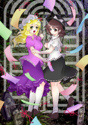  2girls black_skirt blonde_hair boater_hat bobby_socks bow breasts brown_eyes brown_hair door frilled_skirt frills hat hat_bow hat_ribbon highres jizou kneehighs large_breasts light_smile loafers long_hair looking_back maribel_hearn mob_cap multiple_girls myouga_teien pink_shirt puffy_short_sleeves puffy_sleeves purple_skirt reaching ribbon shirt shoes short_hair short_sleeves skirt small_breasts smile socks summer taboo_japan_disentanglement touhou usami_renko white_shirt white_socks yellow_eyes 