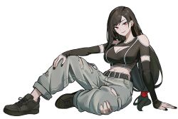  alternate_costume belt black_belt black_hair black_nails breasts cleavage cleavage_cutout clothing_cutout commission female final_fantasy final_fantasy_vii final_fantasy_vii_remake full_body highres looking_at_viewer navel pants red_eyes simple_background sitting solo tifa_lockhart torn_clothes torn_pants white_background zeon_(zzeeonn) 