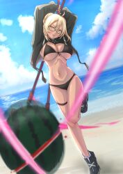  absurdres ahoge arms_up beach bikini black_bikini black_footwear black_shrug blonde_hair blush braid breasts cotatubo cropped_jacket dark_skin double_bun fate/grand_order fate_(series) female food fruit glasses hair_bun highres holding hooded_shrug large_breasts looking_at_viewer mysterious_heroine_xx_alter_(fate) navel ocean outdoors semi-rimless_eyewear solo swimsuit tan watermelon yellow_eyes 