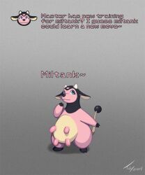  5:6 anthro biped bovid bovine countershade_torso countershading english_text female generation_2_pokemon horn mammal miltank nintendo pink_body pokemon pokemon_(species) solo tail teats text toby_art 