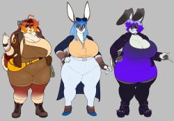  anthro bag big_breasts black_body black_clothing black_coat black_fur black_legwear black_topwear blue_eyes blue_hair bottomwear breasts brown_body brown_clothing brown_fur brown_jacket brown_overalls brown_topwear canela_(mr.pink) cleavage clothed clothing coat coco_(mr.pink) curvy_figure dress ears_down ears_up eyewear eyewear_on_head female footwear fur grey_background grey_body grey_fur group hair half-closed_eyes hi_res huge_breasts jacket lagomorph legwear leporid looking_at_viewer mammal mr.pink narrowed_eyes overalls pants pivoted_ears purple_clothing purple_dress purple_hair rabbit raspberry_(mr.pink) simple_background spiked_clothing spiked_footwear spikes sunglasses sunglasses_on_head tail thick_thighs topwear trio voluptuous white_body white_bottomwear white_clothing white_fur white_pants wide_hips 