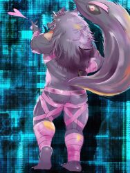  3:4 anthro armor ass bathym_(tas) canid canine canis demon fluffy fluffy_tail fur hair heart_symbol horn leather leather_strap lifewonders living_tail male mammal mane mane_hair muscular muscular_anthro muscular_male purple_body purple_fur rear_view rorondo4 smile solo straps tail tokyo_afterschool_summoners unconvincing_armor unusual_anatomy unusual_tail wolf 