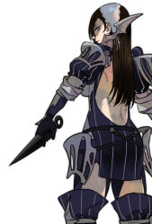  alternate_costume back_cutout backless_dress backless_outfit brown_hair cherche_(fire_emblem) cherche_(fire_emblem)_(cosplay) clothing_cutout cosplay dress female fire_emblem fire_emblem_fates hair_over_one_eye holding holding_knife kagero_(fire_emblem) knife kunai long_hair looking_at_viewer smile solo weapon yokokisa 