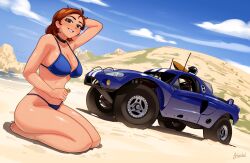  absurdres arhentol artist_name barefoot beach bikini black_choker blue_bikini blush breasts brown_eyes brown_hair car choker cloud collarbone dodge_(company) dodge_viper female hair_behind_ear highres hill looking_at_viewer medium_breasts mole mole_on_breast mole_on_stomach motor_vehicle original outdoors parted_lips race_vehicle racecar radio_antenna raelyn_cunningham_(arhentol) rally_car seiza shadow short_hair sitting sky smile swimsuit vehicle_focus water 