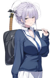  absurdres bag black_choker blue_cardigan blue_necktie blush breasts cardigan choker collared_shirt female grey_eyes grey_hair grey_halo hair_ornament hair_stick halo highres itokonoue_kaoru katana large_breasts looking_at_viewer loose_hair_strand loose_necktie naughty_face necktie open_collar project_kv ref_(pmxt4483) school_bag school_uniform shirt simple_background skirt smile solo sword sword_on_back weapon weapon_behind_back weapon_on_back white_background white_shirt white_skirt 