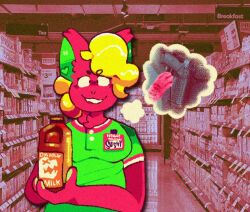  2023 anthro black_eyes blonde_hair chimera clothing datbx digital_media_(artwork) domestic_cat employee employee_uniform english_text exclamation_point felid feline felis female front_view fur green_clothing green_shirt green_t-shirt green_topwear grocery_store gun hair heart_(marking) heart_symbol holding_object hybrid inside looking_at_viewer mammal markings milk milk_container milk_jug multicolored_clothing multicolored_shirt multicolored_t-shirt multicolored_topwear name_tag pink_body pink_clothing pink_ears pink_fur pink_nose pink_shirt pink_t-shirt pink_topwear ranged_weapon reptile scalie shirt smile snake solo standing t-shirt teeth text thought_bubble topwear weapon white_clothing white_shirt white_t-shirt white_topwear 