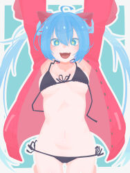  +_+ :d absurdres ahoge animal_ears arms_up bikini black_bikini blue_eyes blue_hair blush buttons cardigan cat_ears collarbone commentary_request fake_animal_ears fangs female front-tie_bikini_top front-tie_top hair_between_eyes hara_id_21 hatsune_miku highres jumping knees_out_of_frame long_bangs long_hair looking_at_viewer navel no_lineart open_cardigan open_clothes open_mouth project_sekai red_cardigan side-tie_bikini_bottom smile solo swimsuit twintails very_long_hair vocaloid 