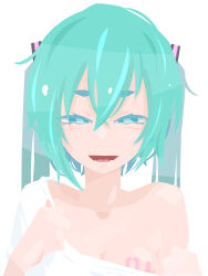  absurdres blue_eyes blue_hair breast_tattoo breasts cleavage clothes_pull commentary_request female hair_between_eyes hair_ornament half-closed_eyes hara_id_21 hatsune_miku highres long_bangs long_hair looking_at_viewer lower_teeth_only no_lineart number_tattoo open_mouth pulling_own_clothes shirt shirt_pull simple_background small_breasts smile solo t-shirt tattoo teeth twintails upper_body vocaloid white_background white_shirt 