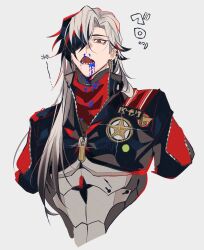  1boy absurdres black_hair black_jacket blood blood_from_mouth blood_on_clothes blue_blood boothill_(honkai:_star_rail) commentary_request cropped_jacket cropped_torso cyborg glint grey_hair hair_over_one_eye highres honkai:_star_rail honkai_(series) jacket licking_blood long_hair looking_at_viewer male_focus nosebleed sharp_teeth sheriff_badge solo teeth translation_request u_5ham0 upper_body 