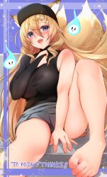  animal_ear_fluff animal_ears barefoot black_shirt blonde_hair blue_eyes blush braid breasts female fox_ears fox_girl fox_tail grey_skirt highres indie_virtual_youtuber kitsune koromo_naruru miniskirt multicolored_hair oerba_yun_fang open_mouth second-party_source shirt single_bare_shoulder single_sleeve skin_fang skirt solo star_(symbol) streaked_hair tail taut_clothes uzura_kazuhisa virtual_youtuber white_hair will-o&#039;-the-wisp_(mythology) 