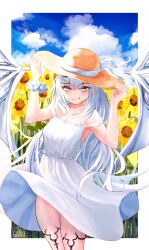  absurdres bare_shoulders blush breasts closed_mouth dragon_wings dress fate/grand_order fate_(series) female field flower flower_field hands_up hat highres long_hair looking_at_viewer low_wings melusine_(fate) outdoors scrunchie small_breasts smile solo sun_hat sunflower sunflower_field thighs tongue tongue_out tutuuraura88 white_dress white_hair wings wrist_scrunchie yellow_eyes 