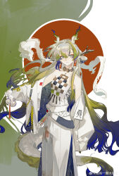  absurdres arknights bare_shoulders belt blonde_hair chinese_commentary closed_mouth commentary_request dragon_girl dragon_horns dragon_tail earrings eyeliner eyes_visible_through_hair feet_out_of_frame female green_hair grey_eyes grey_hair hair_between_eyes highres horns jacket jewelry long_hair looking_at_viewer makeup multicolored_hair necklace off_shoulder orange_eyeliner pants pointy_ears purple_hair red_sun shu_(arknights) sleeves_past_wrists solo split_mouth standing strapless tail tube_top very_long_hair watermark weibo_logo weibo_watermark white_belt white_jacket white_pants white_tube_top wo_you_yike_dajieshi 