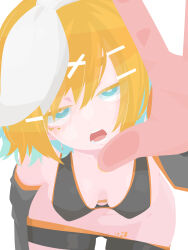  absurdres bent_over bike_shorts black_shorts black_sports_bra blonde_hair blue_eyes blue_hair bow breasts colored_inner_hair commentary_request cowboy_shot detached_sleeves female grey_sleeves hairbow half-closed_eyes hanging_breasts hara_id_21 highres kagamine_rin leaning_forward looking_at_viewer lowleg lowleg_shorts medium_bangs multicolored_hair navel no_lineart open_mouth reaching reaching_towards_viewer short_hair shorts simple_background small_breasts solo sports_bra teeth vocaloid white_bow 