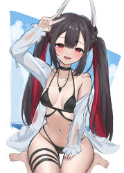  absurdres azur_lane beach bikini black_bikini black_choker black_hair blue_sky breasts choker cloud cloudy_sky colored_inner_hair female hatsuzuki_(august&#039;s_first_romance)_(azur_lane) hatsuzuki_(azur_lane) highres horns jacket long_hair looking_at_viewer multicolored_hair navel official_alternate_costume open_mouth outdoors red_eyes red_hair see-through see-through_jacket single_bare_shoulder sitting sky small_breasts soul_(dp11) swimsuit thigh_strap twintails two-tone_hair water 