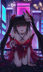  absurdres bare_shoulders bell black_choker black_gloves black_hair breasts brown_hair building choker detached_sleeves dress female fox_mask gloves halterneck highres honkai:_star_rail honkai_(series) leaning_forward long_hair looking_at_viewer mask mask_on_head neck_bell open_mouth pink_eyes red_dress smile solo sparkle_(honkai:_star_rail) sxing699 twintails 