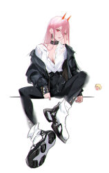  absurdres black_choker black_jacket black_pants breasts chainsaw_man choker cleavage collarbone commentary_request denji_(chainsaw_man) earrings female full_body hair_between_eyes highres horns jacket jewelry jie_xiaoming lace lace_choker long_hair long_sleeves looking_at_viewer open_clothes open_jacket pants parted_lips pink_hair power_(chainsaw_man) red_eyes red_horns sharp_teeth shirt shoes simple_background sitting solo spread_legs teeth tongue tongue_out white_background white_shirt 